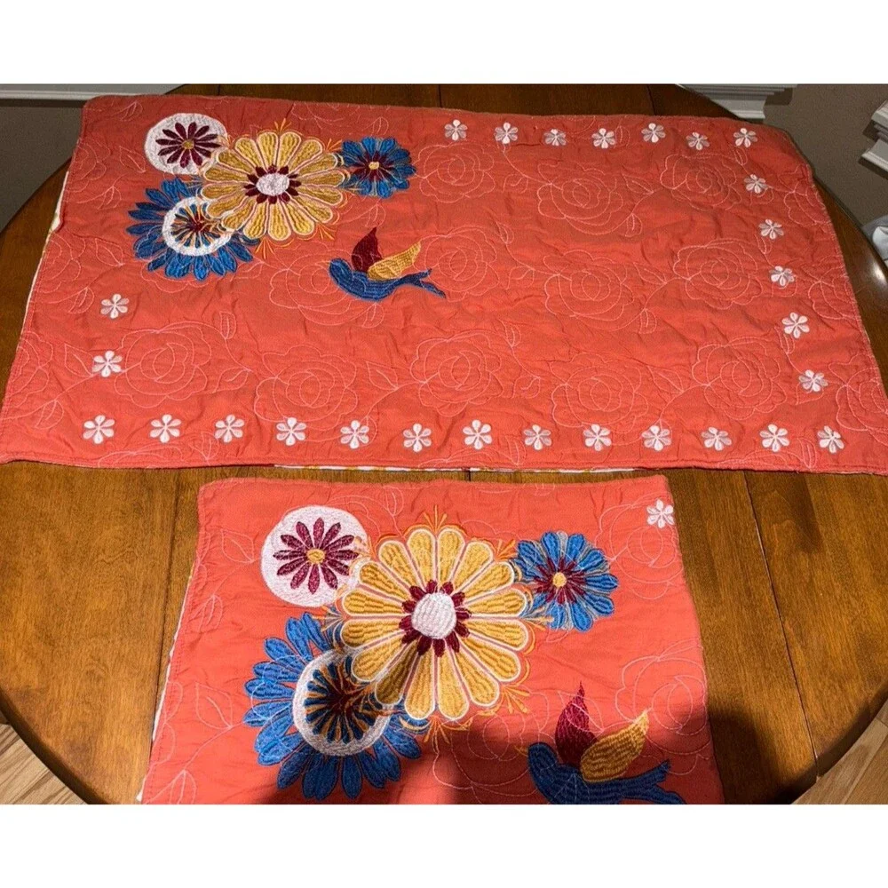 2 Pillow Shams Embroidered Flowers Bird Orange 36 X 20”  Tie Back